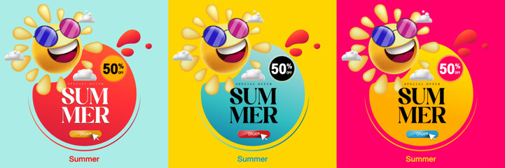 Colorful Summer Discount Banner with Cartoon Sun, Clouds, and Special Offer 50% Off for E-commerce and Online Shopping Advertisement