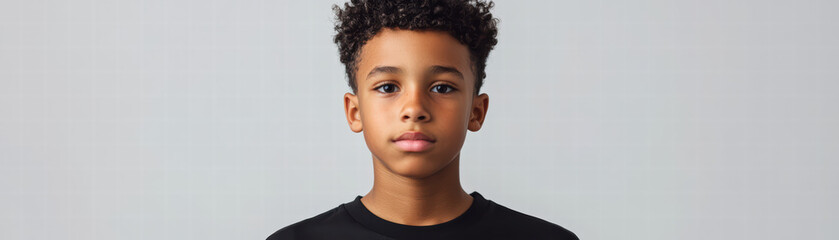 Portrait of a Young Boy: A serious and contemplative portrait of a young boy with dark skin and a stylish haircut. His gaze is direct and engaging.