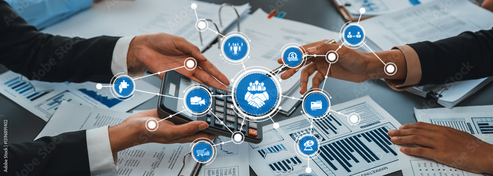 Poster this image illustrates business collaboration featuring professionals exchanging data and financial 