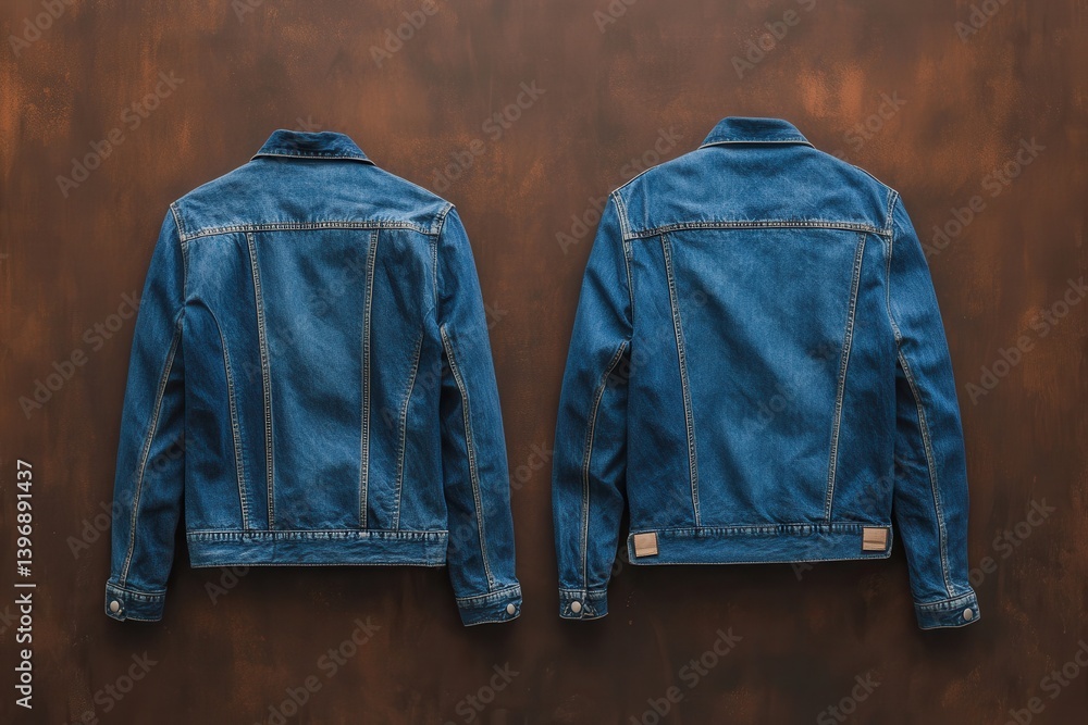 Poster Denim jacket in jellybean color displayed in front and back views against a chocolate brown background for vibrant fashion inspiration