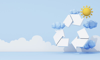 Recycling symbol floats in a low-poly sky with sun and clouds, blending nature with sustainability in a minimal, abstract environment. 3d rendering.