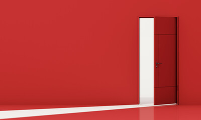 Open red door stands in a bold red space, inviting change, mystery, and transformation through minimal contrast and symbolic light. 3d rendering.