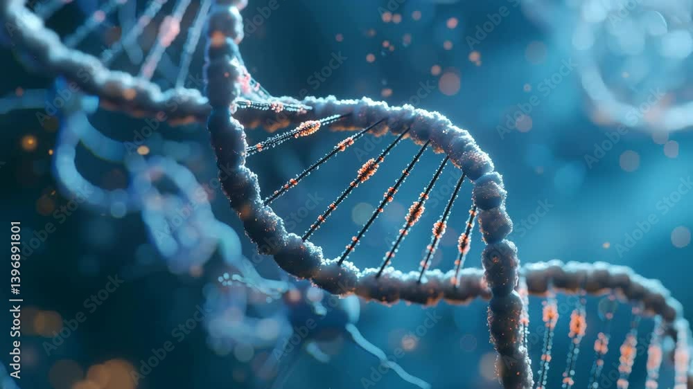 Poster a close-up, stylized representation of a dna double helix structure against a blurred blue backgroun