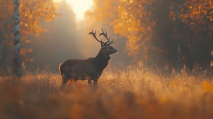 Obraz premium Majestic Red Deer in Golden Autumn Forest at Sunrise