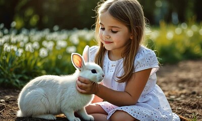 Girl holding a white rabbit in a field of flowers