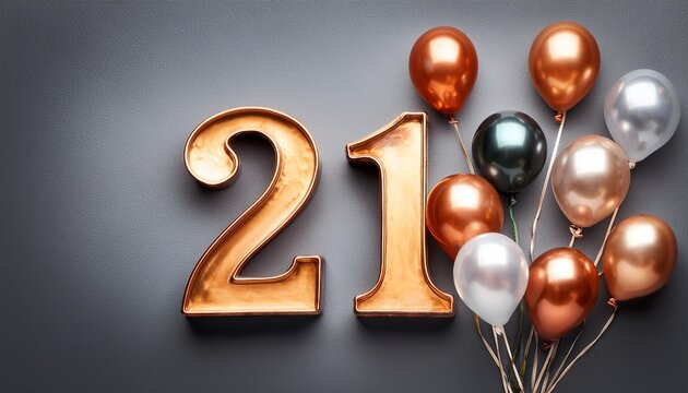 Number 21 with baloons on grey background. Generated image