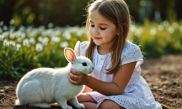 Girl holding a white rabbit in a field of flowers