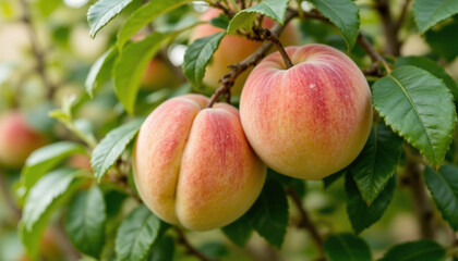 Obraz premium Fresh peaches hanging on tree branch, surrounded by vibrant green leaves, evoke sense of summer abundance and natural beauty