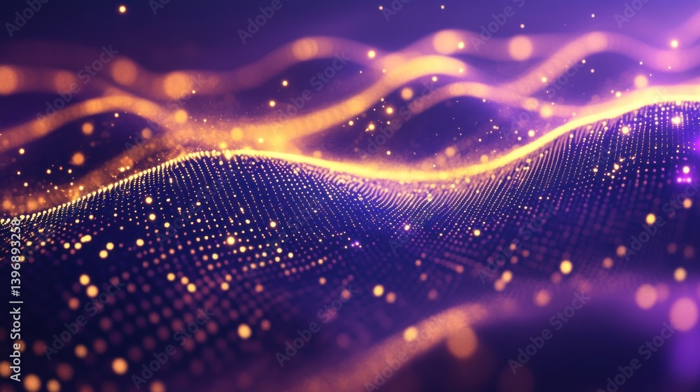 Poster shimmering surface of golden particles undulating on a deep violet plane evokes concepts of technolo