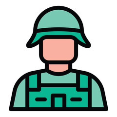 Soldier icon flat line style illustration representing military personnel and armed service, suitable for defense, tactical, and strategy-related projects