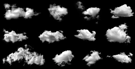 Collection white clounds, The cloud is divided into several parts on black background, Multiple unique cloud segments, Small and large white clouds isolated on black background.