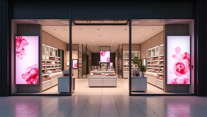 Maximize Brand Visibility: Innovative Retail Design for Impactful Cosmetic Storefront Displays with Dynamic Digital Merchandising in Photo Stock Concept