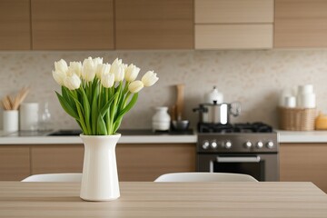 A contemporary kitchen interior with white tulips on the dining table, modern appliances, wooden cabinets, and a serene ambiance
