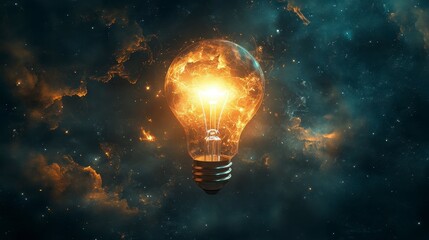 Illuminated Light Bulb Against Cosmic Background with Explosive Glow