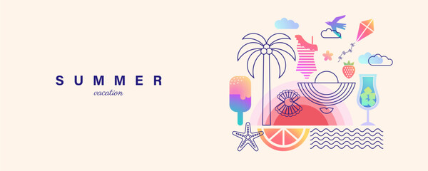 Summer mood background with icons or badges in flat design. Modern gradient geometric vector illustration. Trendy banner with palm tree, ice cream, cocktail, seagull, etc.