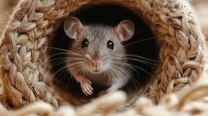 Cute mouse peeking out from a natural woven tunnel in soft light