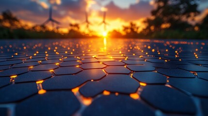 Obraz premium Solar panel array at sunset, wind turbines visible in the background