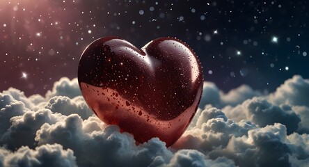 Fototapeta premium A heart-shaped red plate hovers in the clouds, encircled by twinkling stardust. 