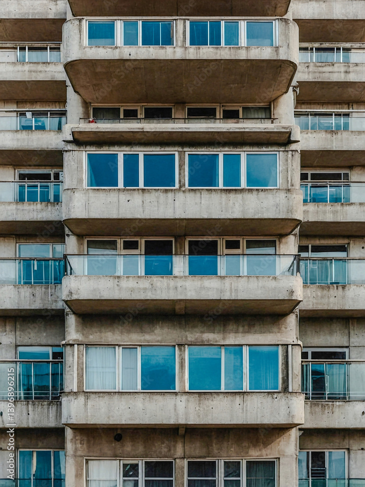 Poster close-up of a concrete building with multiple windows and geometric balconies.