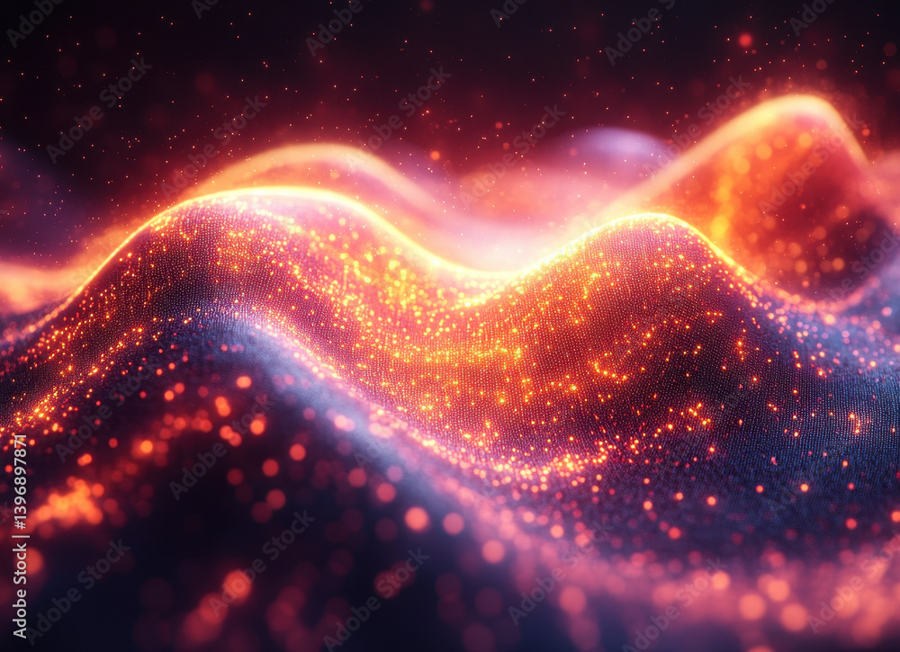 Poster glowing abstract undulating waves with futuristic neon particles in atmospheric dark background