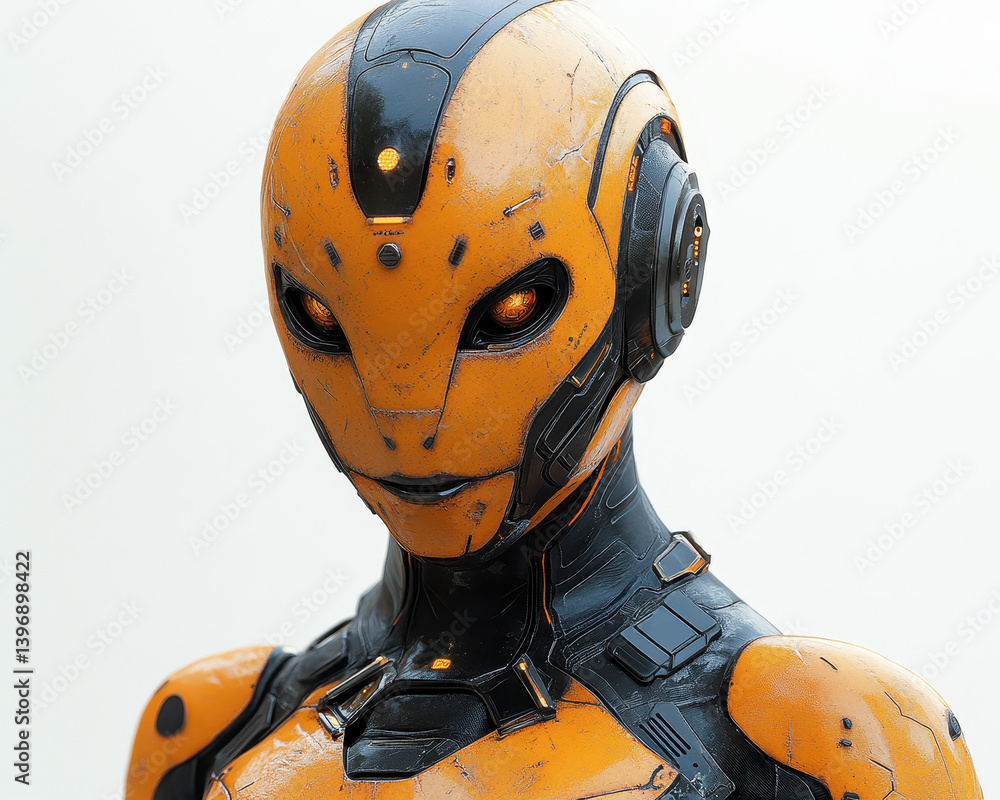 Poster futuristic yellow and black robot with humanoid features showcasing advanced artificial intelligence