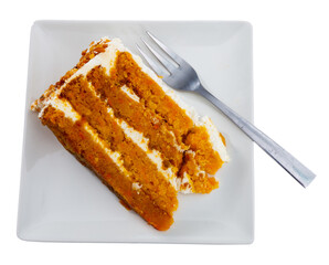 Sweet and fragrant dessert, pastries for tea. Piece of carrot cake made with addition of aromatic...
