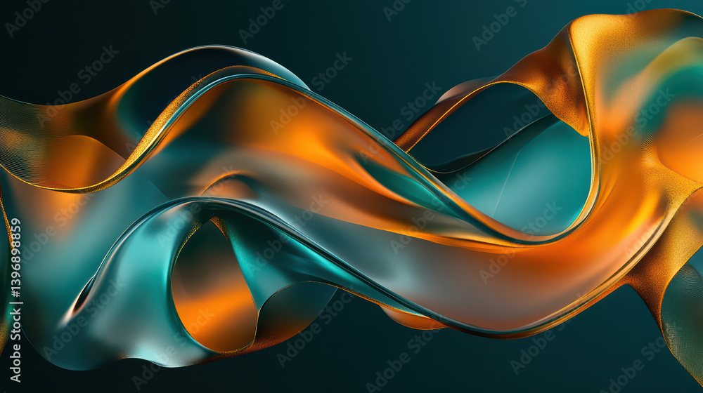 Poster fluid metal abstraction: swirling currents of teal and gold metallic liquid create a dynamic and vis