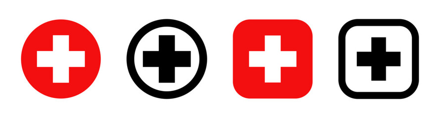 Set of medical cross icons in red, black, and white. Flat design symbols for healthcare, emergency, hospital, first aid, and medical apps. Ideal for UI, branding, and infographic elements. Icons.