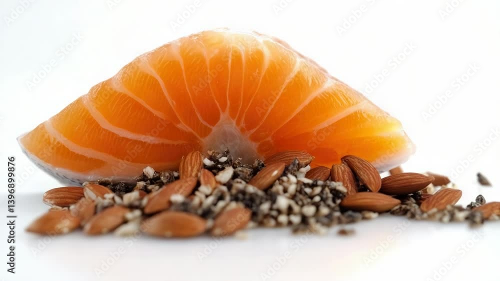 Poster a slice of orange sits atop a pile of nuts, ready for snacking or decoration.