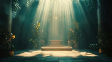 Sunbeams shine down onto an ancient altar inside a grand stone temple.
