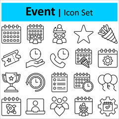Event icons set. Editable stroke for mobile and web. Isolated on white background. Vector illustration.