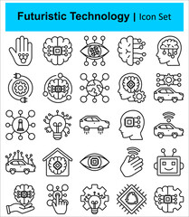 Future Technology icon set. Containing robot, artificial intelligence, innovation, smart city, robotics, humanoid, hologram, digital world, high-tech and automation. Solid vector icons collection.