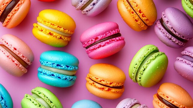 A vibrant array of colorful macarons arranged on a pastel pink background creating a sweet pattern
