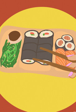 Illustration of a sushi meal with chopsticks and seaweed