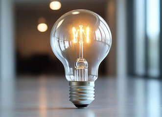 Illuminated Vintage Edison Light Bulb on Reflective Surface in Modern Environment with Soft Focus Background