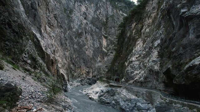 Drone Upward Tilt View Of Steep Cliffs in Taroko Gorge, Taiwan