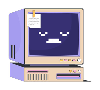 recommend clip art: Retro computer with sad pixel face and sticky note 2D cartoon object. Outdated tech. 90s aesthetic. Vintage oldschool desktop isolated element flat vector clip art on white. Spot illustration