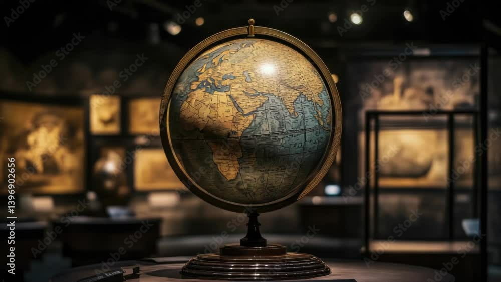 Poster a globe displayed on a table in a museum setting.