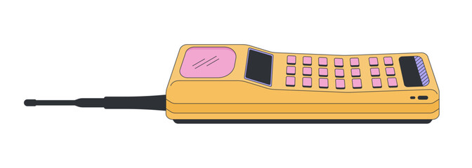 Retro brick mobile phone 2D cartoon object. Nostalgic tech. Portable communication device 90s. Vintage cellphone with antenna isolated element flat vector clip art on white. Spot illustration