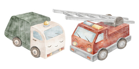 Watercolor illustration city cars, fire engine, garbage truck Isolate transport hand-drawn in a children's style with eyes, smile on a white background for the design postcards, stickers, posters