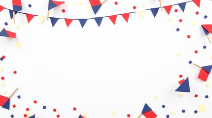Obraz premium Festive Fourth of July Background Red white and blue bunting and confetti create a celebratory atmosphere perfect for patriotic designs invitations or social media posts Clean white backdrop