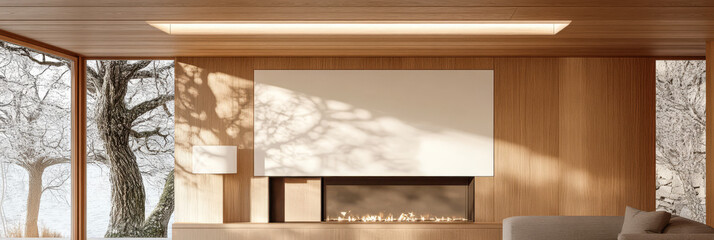 Modern wooden living room with minimalistic design and cozy fireplace during winter afternoon