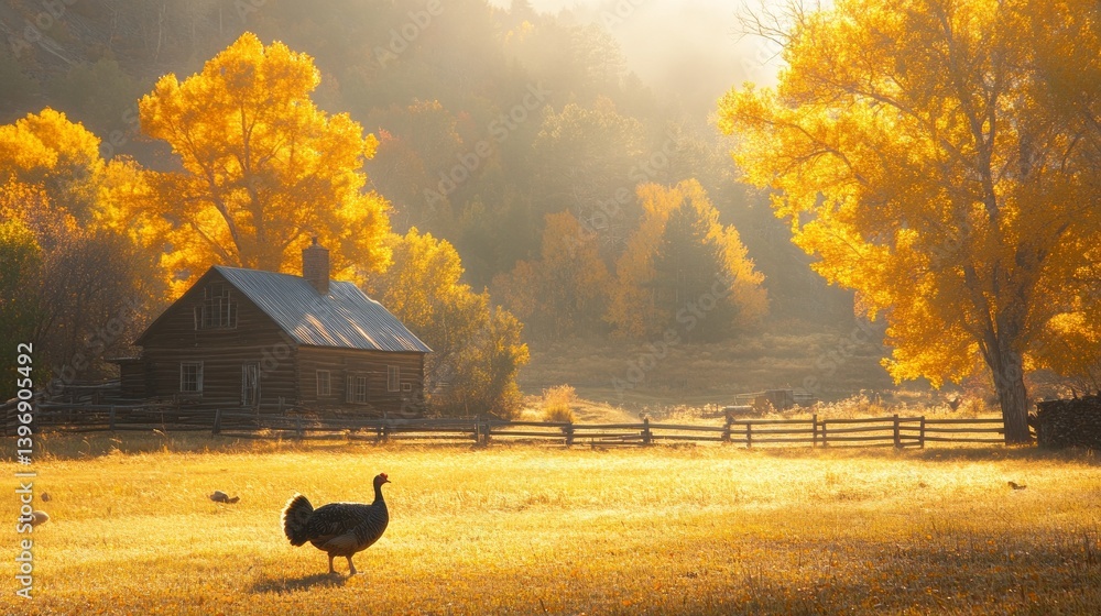 Poster a turkey wanders through a peaceful farmyard as dawn light casts a warm glow over the scene. vibrant