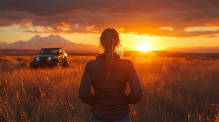Woman watches sunset over mountains, field, and car. Back view. Golden hour