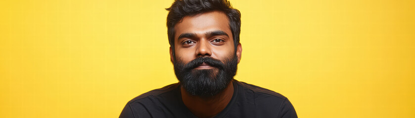 Obraz premium Man on yellow background: A handsome man with a full beard poses confidently against a vibrant yellow backdrop. Capturing the essence of strength and character.
