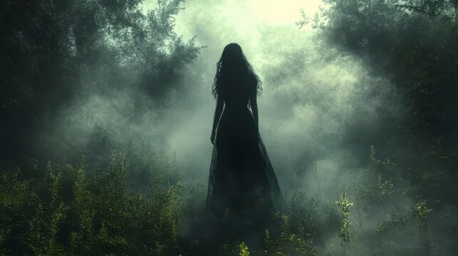 Ethereal figure in forest, shrouded by mist, back facing viewer