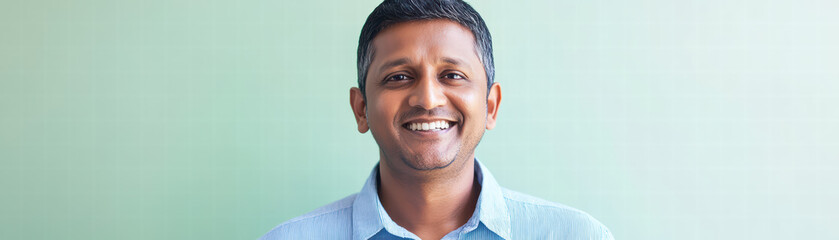 Obraz premium Smiling Gentleman in Soft Light: A portrait of a happy man exudes confidence. The perfect capture of a charming smile and bright eyes, bathed in soft light against a gentle background.