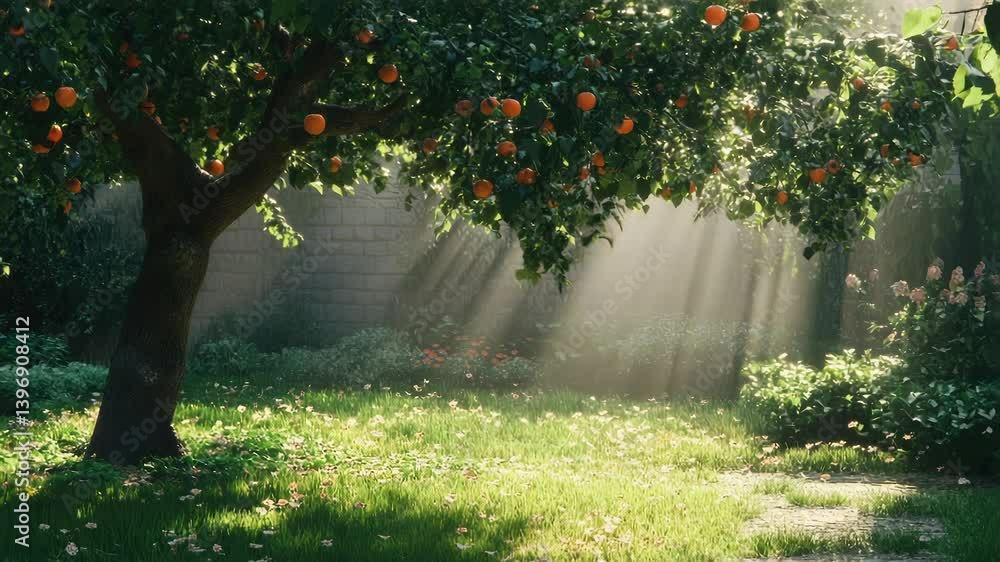 Poster A serene scene of a sunny day in a beautiful garden with sunlight filtering through the tree branches.