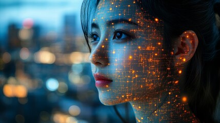 Woman with digital network overlay, city backdrop