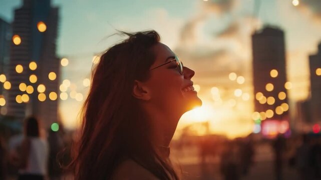 Urban Dreamer: A radiant woman with eyeglasses gazes upwards, bathed in the warm glow of the sunset, surrounded by the twinkling lights of an urban cityscape.